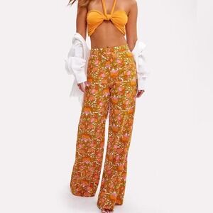 Pretty Garbage Orange Pink Floral Wide Leg Pants 70s Retro Boho Medium